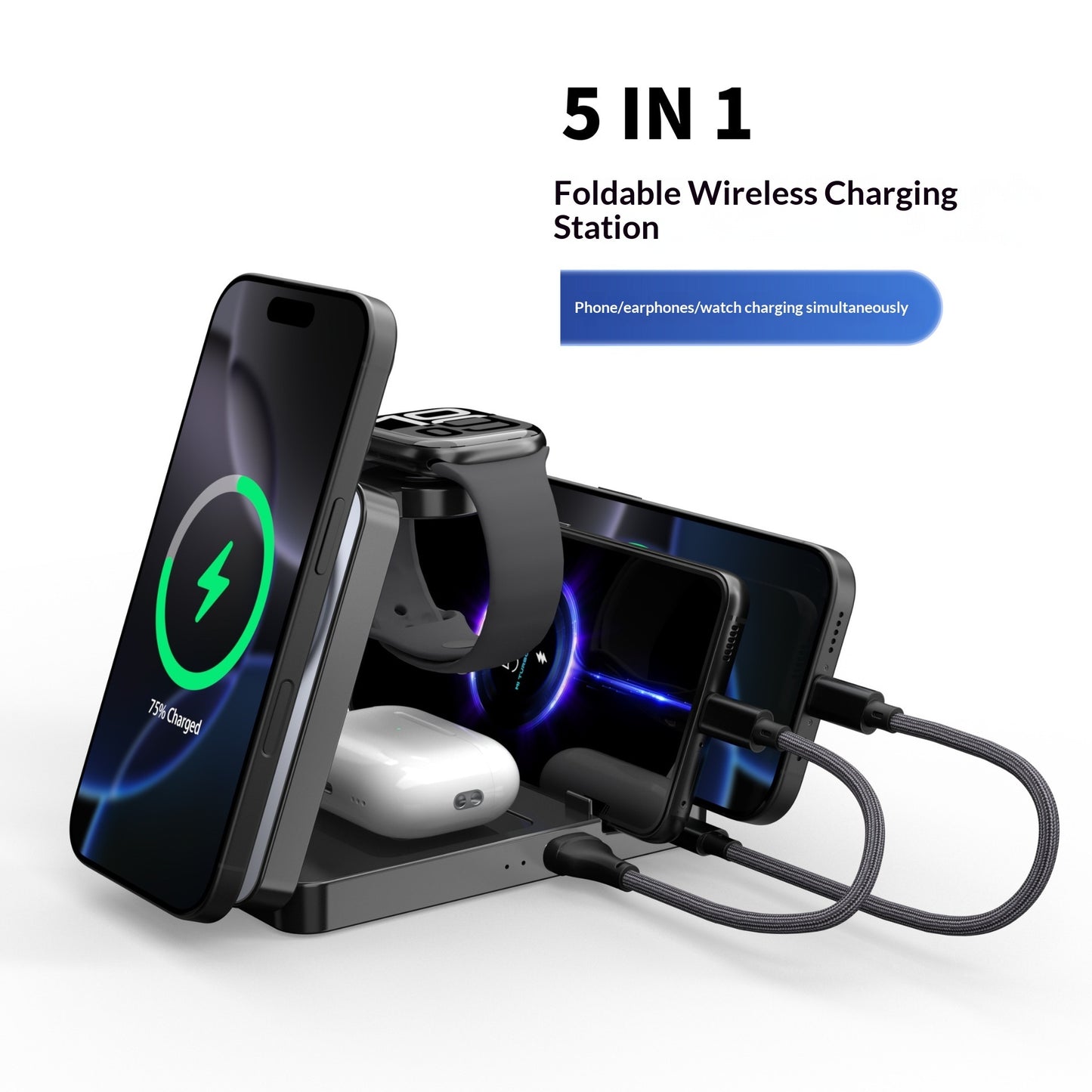 5-in-1 Multifunctional Wireless Charging Station With A Foldable Magnetic Holder For Your Desk