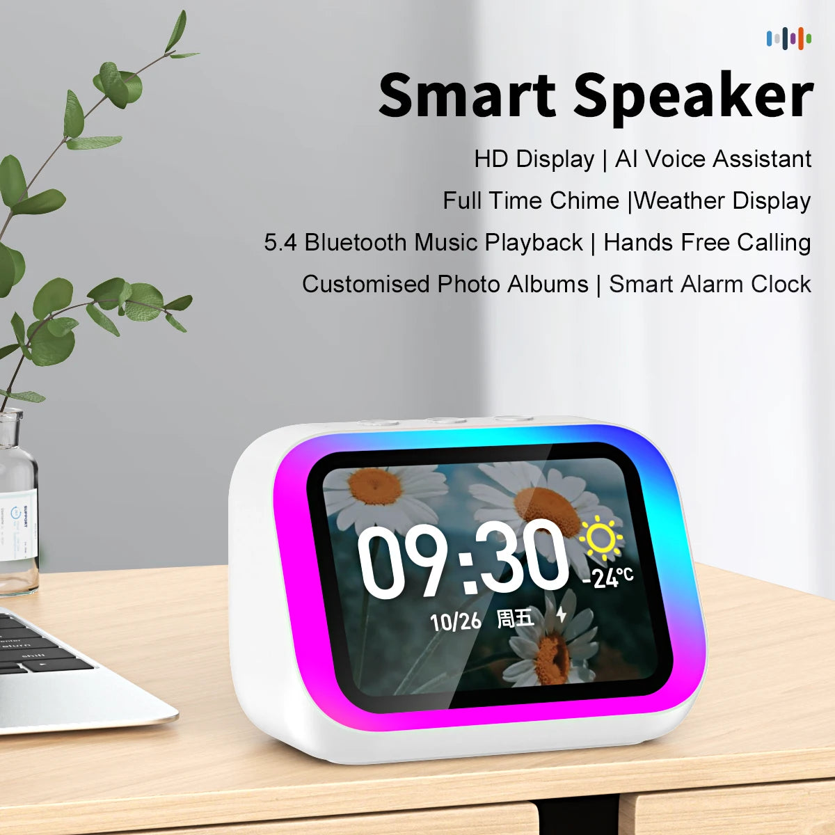 AI Bluetooth Speaker 5.4 AI voice assistant HD Touch Screen Display Electronic Album Alarm Clock Hands-free Calling